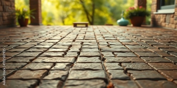 Fototapeta A low angle perspective of a stone patio, with a blurred background of lush greenery and a hint of sunlight illuminating the textured surface.
