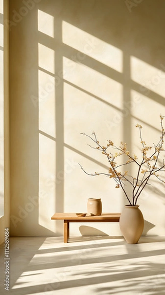 Fototapeta serene interior scene with wooden bench, vase, and branches