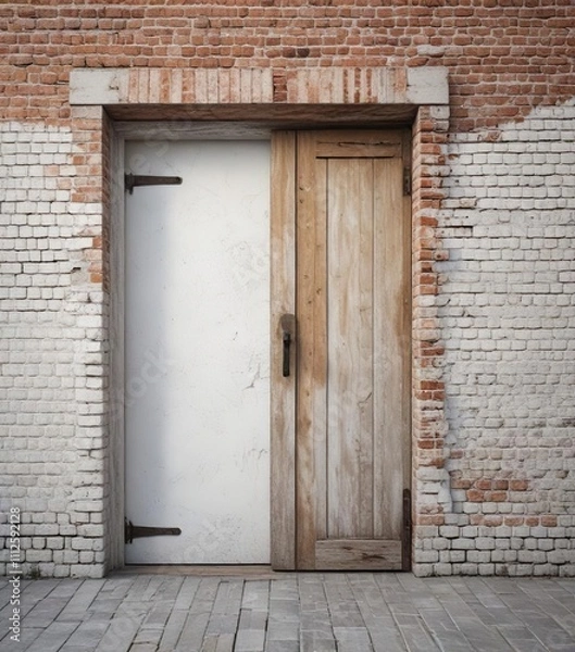 Fototapeta White-painted old brick wall with a wooden door in the foreground, wooden door, natural beauty, rural scenery