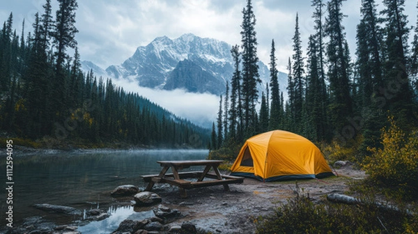 Obraz Mountain vista with a vibrant yellow dome tent by lake