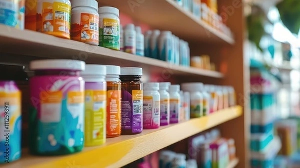 Fototapeta A display of health supplements with vibrant packaging and detailed labels