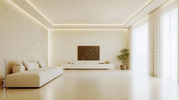 Fototapeta Minimal living room design with cozy white sofa