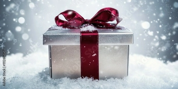Fototapeta Silver ribboned gift box decorated with Crimson ribbo