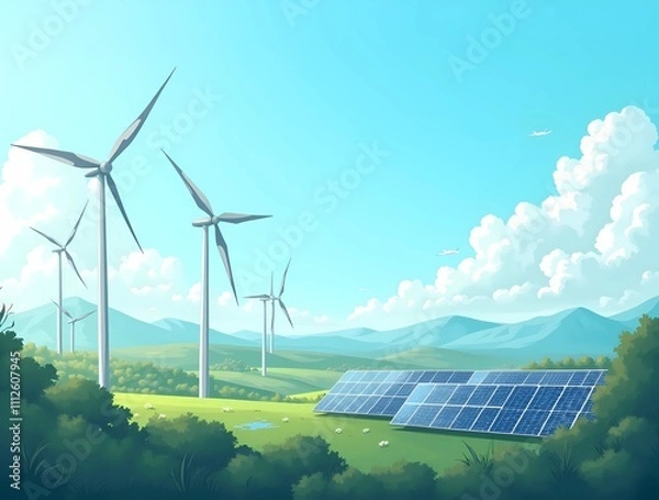 Obraz Landscape with wind turbines and solar panels on green hills illustration