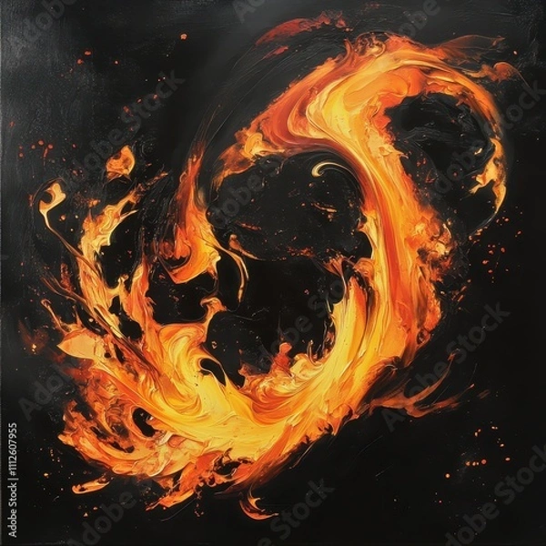 Obraz Black backdrop, swirling fire shapes, intense glowing flames, bold visual design.
