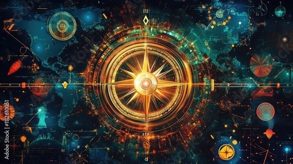 Obraz A radiant compass surrounded by symbols of different cultures