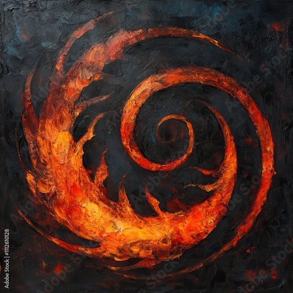 Obraz Fiery cycle, swirling flames, dark background, modern abstract fire emblem.