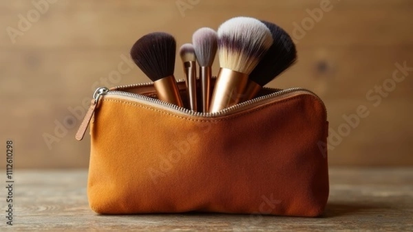 Fototapeta Delicate unzipped suede pouch revealing an elegant array of makeup brushes
