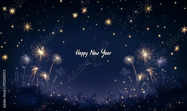 Fototapeta Happy New Year card design with fireworks on a dark blue background, text "Happy New Year," illustration in the style of vector art.