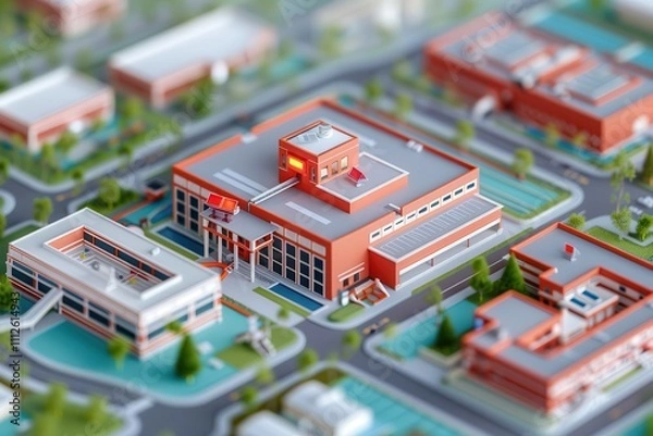 Fototapeta Fire alarms trigger evacuation response. Miniature model of a school campus