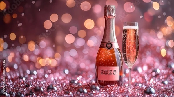 Fototapeta A stylish and elegant New Year's celebration image featuring the year "2025" and includes a sparkling champagne bottle, bursting with celebratory bubbles- ai generated
