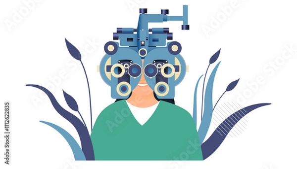 Fototapeta Ophthalmology. Eye Test and Prescription Glasses. Female Perform Eye Test Use Optometry Machine on Abstract Background. Modern Flat Vector Illustration. Social Media Template.