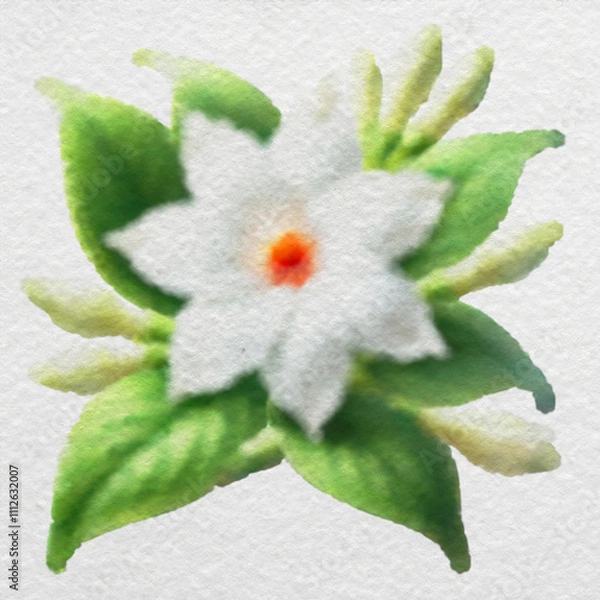 Obraz White Star-Shaped Flower with Green Leaves with clipping path