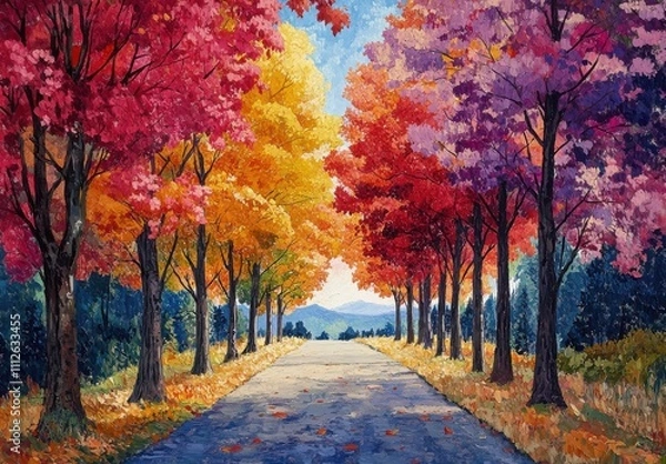 Fototapeta Vibrant Autumn Scene Featuring Colorful Trees Lining a Serene Pathway, Inviting Peaceful Walks Through Nature's Fall Beauty