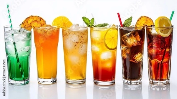 Fototapeta Variety of refreshing drinks in tall glasses, including fruit-infused cocktails and a cola, garnished with fruit slices and mint leaves on a white background.