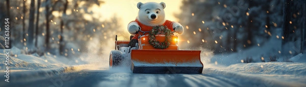 Fototapeta Bear driving a snow plow with a Christmas wreath on the front, clearing the road while snow falls gently around