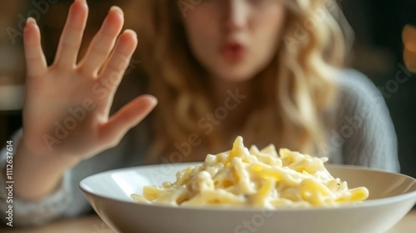 Fototapeta In a warm, inviting cafe, a woman with curly hair gestures towards a bowl of creamy pasta, savoring the moment while enjoying her meal on a sunny afternoon. The atmosphere is relaxed and friendly.