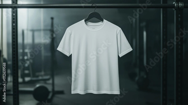 Fototapeta Blank white t-shirt hanging in industrial gym setting for apparel branding and design