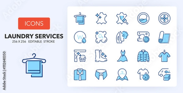 Fototapeta Line icons about laundry services. Contains such icons as leather dry cleaning, laundromat, ironing and more. 256x256 Pixel Perfect editable in two colors