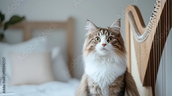 Fototapeta fluffy cat photography with wooden. A fluffy cat curiously gazes at the camera beside a harp in a cozy, softly lit bedroom.