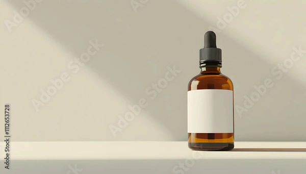 Fototapeta 3D rendering of a blank white label on an amber glass dropper bottle mockup on a light background