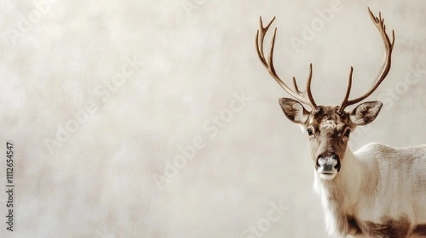 Fototapeta Majestic Reindeer Gazes Forward Against a Textured Beige Wall. A Breathtaking Holiday Image.