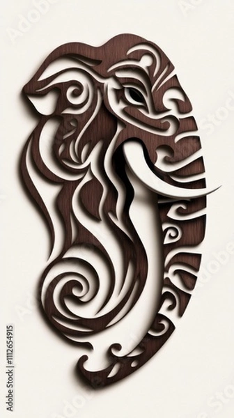 Fototapeta Intricate elephant design with swirling patterns in dark wood finish, AI