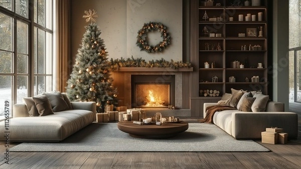 Fototapeta Cozy Living Room Decorated for Christmas with Tree and Fireplace