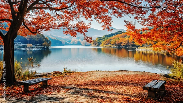 Obraz the beautiful landscape of Nami island during the autumn foliage, Korea.
