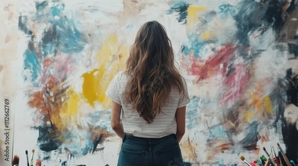 Fototapeta Young painter depicting a lively music event on canvas, surrounded by brushes and paints