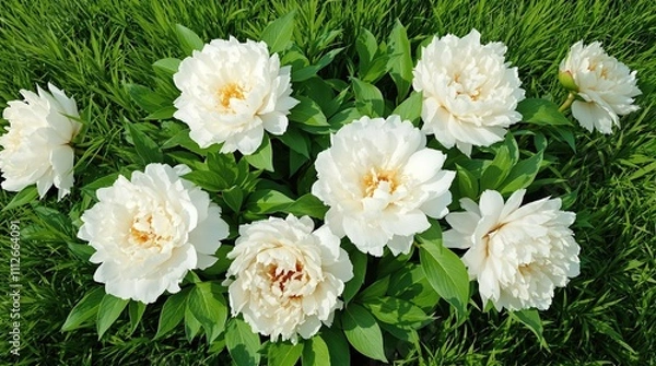 Fototapeta Beautiful white peonies in full bloom against a grassy garden backdrop, park, serene, fragrant, fresh, vibrant