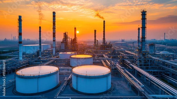 Fototapeta Industrial refinery at sunset with pipelines and storage tanks, highlighting modern energy infrastructure and engineering.