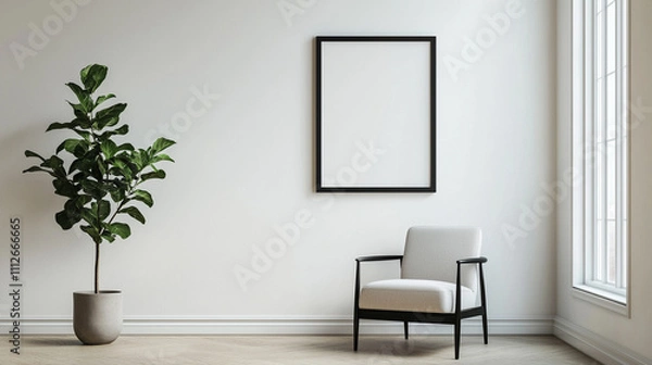 Fototapeta Minimalist interior room with a cozy chair, potted plant, and empty picture frame on a white wall, illuminated by natural light.