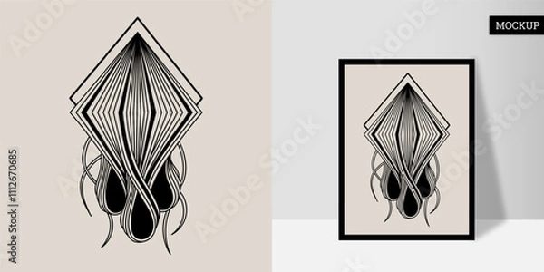 Fototapeta Wall art is hand-painted. Poster with geometric shape. Line art in black ink on a light background. Wavy lines with striped rhombus. Vector illustration. Design for print card, tattoo, home decor.