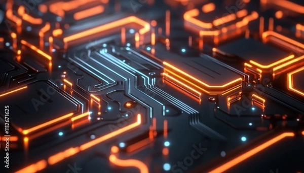Fototapeta Abstract Circuit Board: Glowing Orange and Blue Pathways of Digital Technology