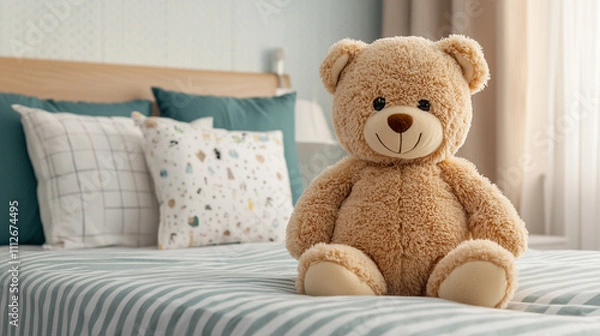 Obraz Cozy bedroom with a cute teddy bear sitting on a neatly made bed, creating a warm and inviting atmosphere.