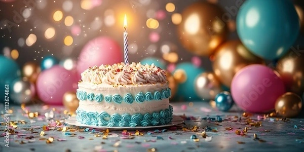 Fototapeta Birthday cake with candle surrounded by colorful balloons and confetti in a festive setting