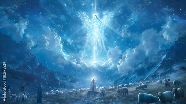 Fototapeta A serene sheepfold under a glowing angel, shepherds dressed in traditional robes looking upward in awe, beams of radiant light softly illuminating grazing sheep and the misty meadow,