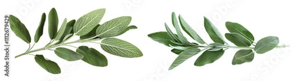 Obraz Fresh Green Sage Leaves Isolated on White Background for Culinary Use and Decoration