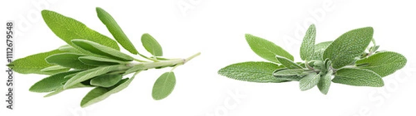 Obraz Fresh Green Sage Leaves Isolated on White Background for Culinary and Herbal Use