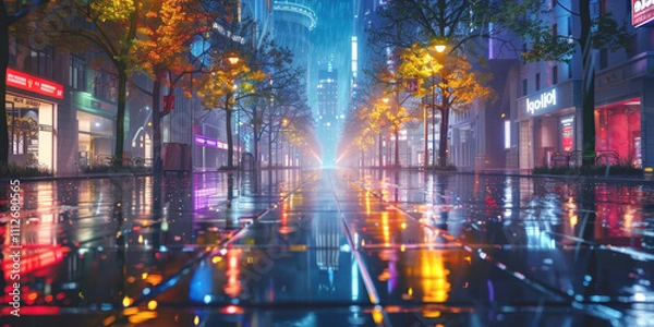 Fototapeta rain in the city rainy weather wet city streets Generative AI