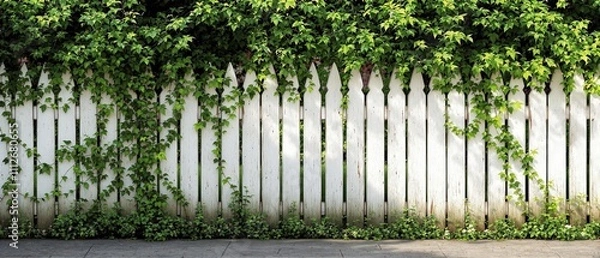 Fototapeta Chipped white fence entwined with climbing greenery, entwined, pattern, white fence
