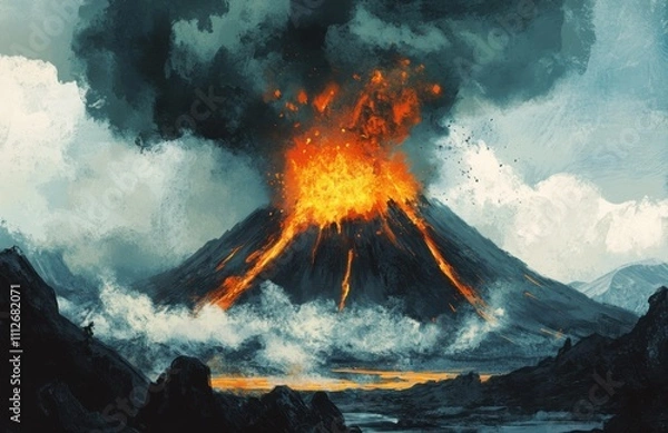 Fototapeta A volcano erupting, with lava and smoke rising from the top of its crater, in the style of an illustration