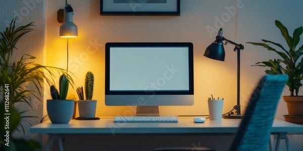 Fototapeta A cozy workspace featuring a blank computer screen, desk lamp, and potted plants, creating a warm and inviting atmosphere for productivity.