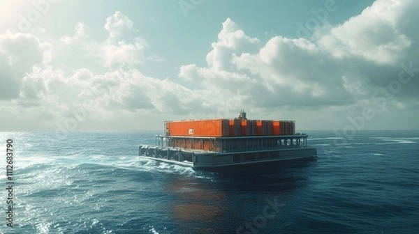 Fototapeta A futuristic cargo ship navigating tranquil waters under a bright sky, symbolizing advancements in maritime technology and global trade logistics for sea transportation.