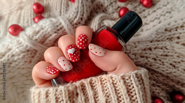 Fototapeta Hand with nails decorated with red and white nail polish, with dots and a heart. The hand holds a bottle of red nail polish. The background is a knitted sweater and red ornaments.