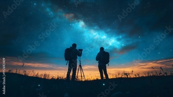 Fototapeta Two photographers capturing the starry sky at dusk amidst silhouetted grass.