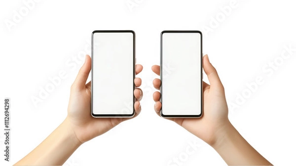 Obraz Dual phones comparison, hands holding blank screens, isolated white background, minimalist technology display Isolated on white background or PNG