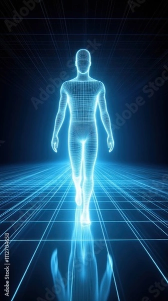 Fototapeta A glowing digital human figure walks through a futuristic grid landscape, AI
