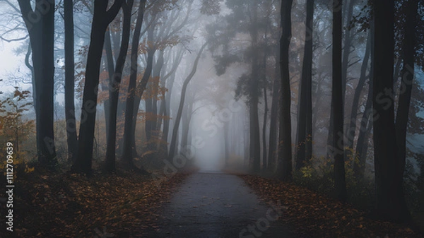 Obraz A misty forest path lined with tall trees, creating a serene and mysterious atmosphere. The ground is covered with fallen leaves, and the fog adds depth to the scene.